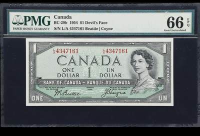 1954年加拿大1元魔鬼脸版本 PMG66E - 1954年加拿大1元魔鬼脸版本 PMG66E