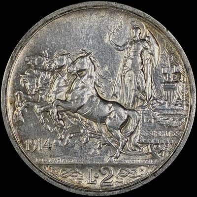 【雨安】【直播拍卖】【世界币章118期-裸币】2025-12-05 周五 19:30 保真 - [裸币各国] Italy 意大利 2里拉 KM#0055 (1914-1917) 胜利女神四马拉车 1914年