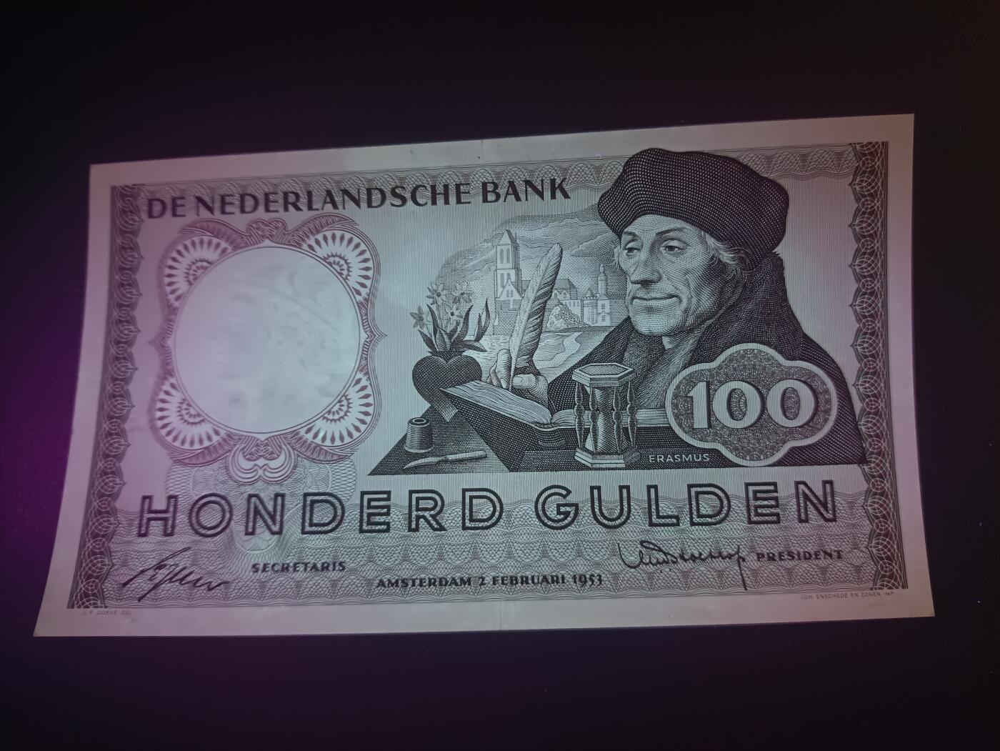 2025十二月第一期，总206期 荷兰1953版100盾AUNC，哲学家伊拉斯谟
