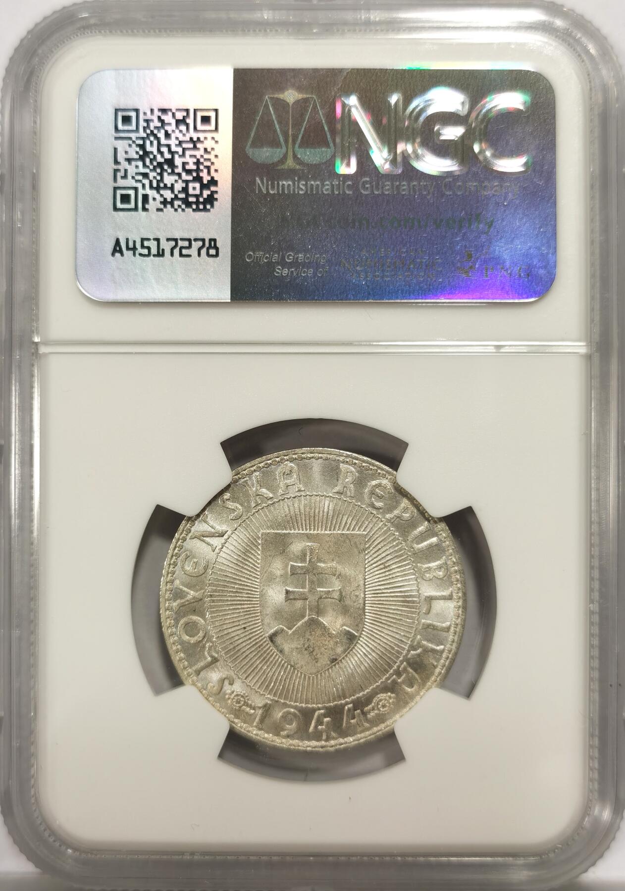 博洋堂世界钱币拍卖第150期（全场包邮） NGC MS64 斯洛伐克1944年10克朗银币，卷拆原光好品，币面光泽很漂亮。有潜力的题材。