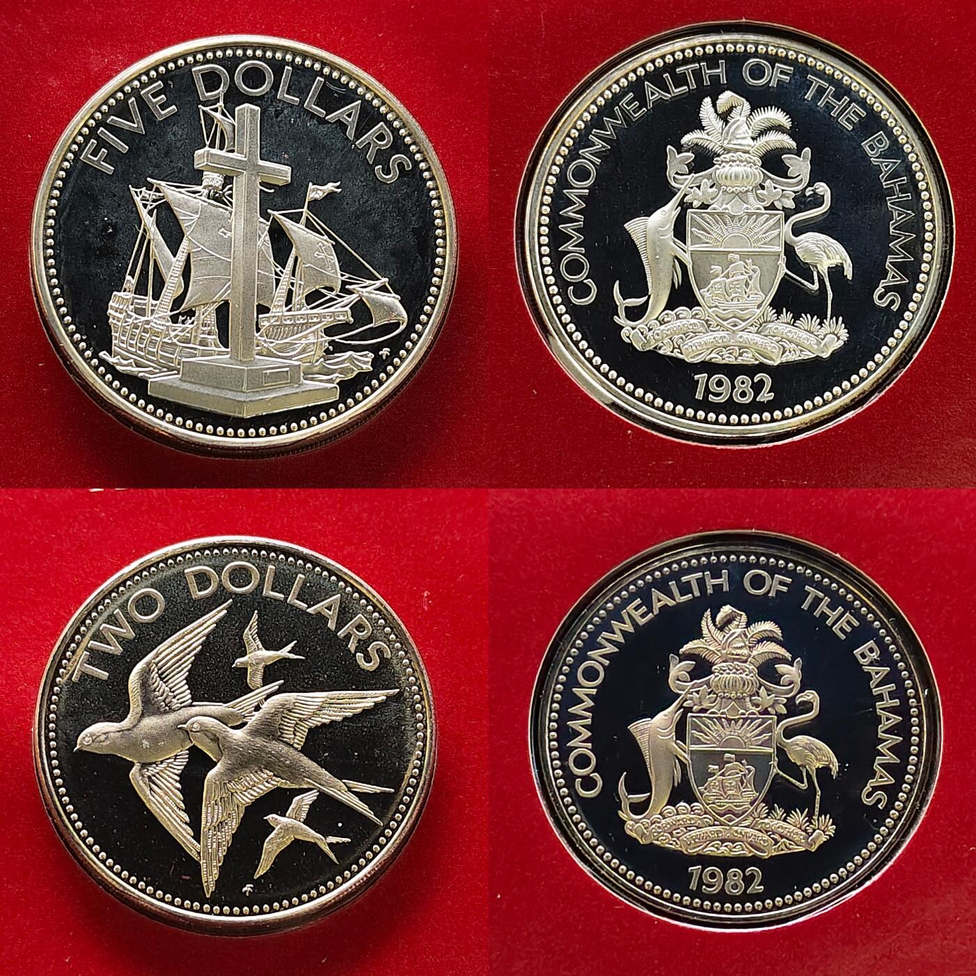 【全场包邮】纯粹捡漏拍483场（免费代拍第20场） 【稀少】巴哈马1982年官方精制套币-含独年仅随套币发行1元凤凰木/2元巴哈马树燕/5元圣玛丽号及十字架（银）-盒证全-量1217