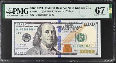 《外钞收藏家》第五百九十一期（畅拍场）（本平台长期征集拍品、欢迎藏友们联系合作） - 2021年 100美元 彩色版 星补号 号码无457 PMG67EPQ 亚军分数