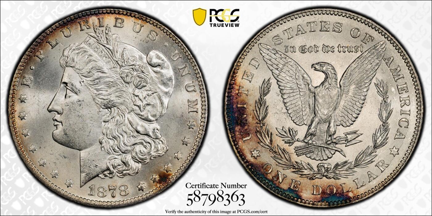 博洋堂世界钱币拍卖第150期（全场包邮） PCGS MS64 美国1878年摩根大银币，7TF reverse of 1878，该版别麦稀奇所见最高分，丝滑底板辅以包浆渲染，精致的艺术品