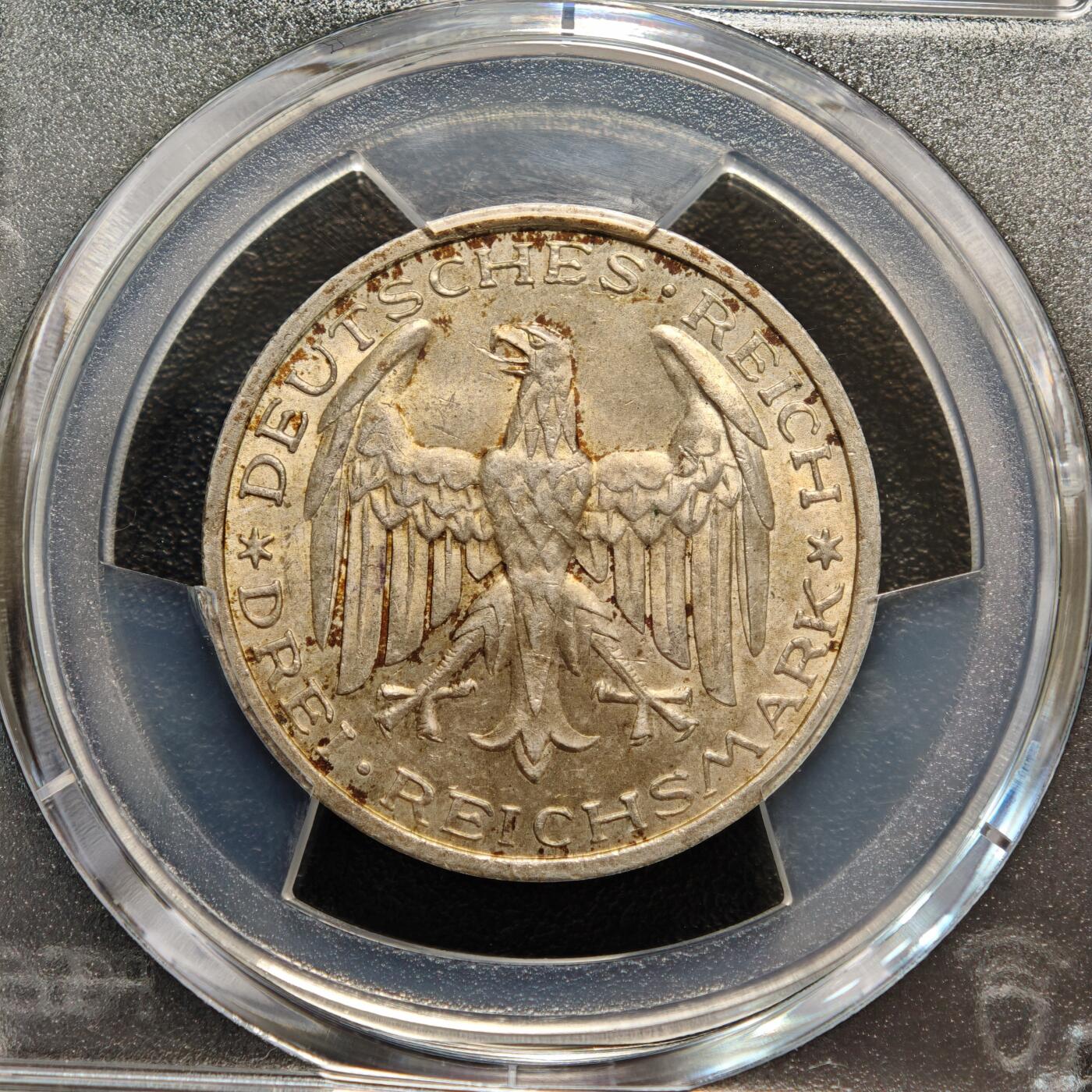 【德藏】世界币章拍卖第156期（拍品征集中~欢迎藏友联系） 1927年 德国魏玛马尔堡菲利普大学400周年3马克纪念银币 PCGS MS65 黄油包浆 状态极好