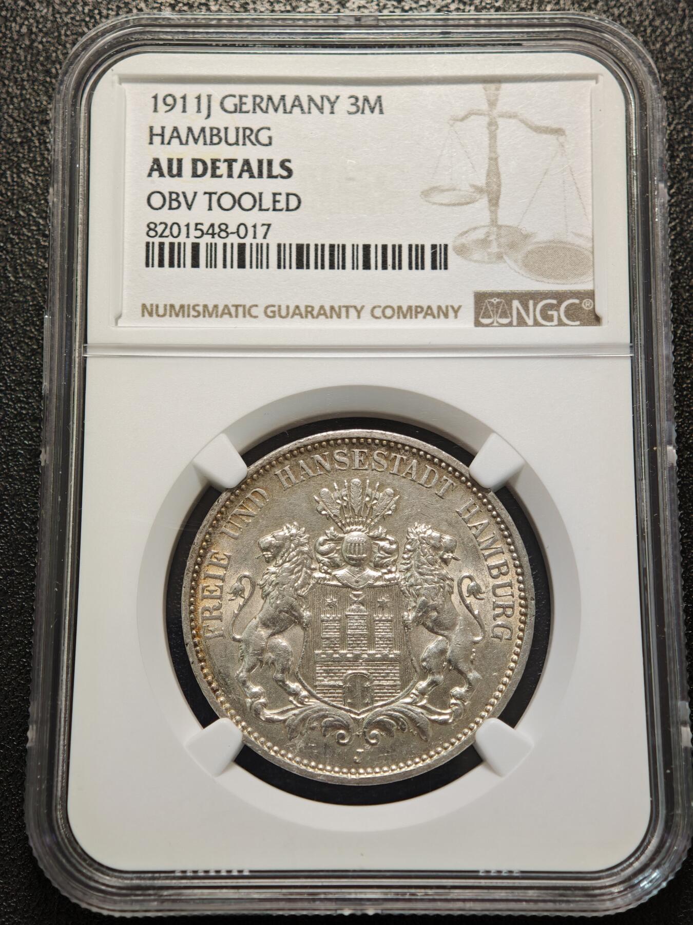 【德藏】世界币章拍卖第156期（拍品征集中~欢迎藏友联系） 1911年 德国汉堡3马克银币 NGC AU 状态安逸
