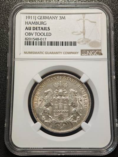 【德藏】世界币章拍卖第156期（拍品征集中~欢迎藏友联系） - 1911年 德国汉堡3马克银币 NGC AU 状态安逸