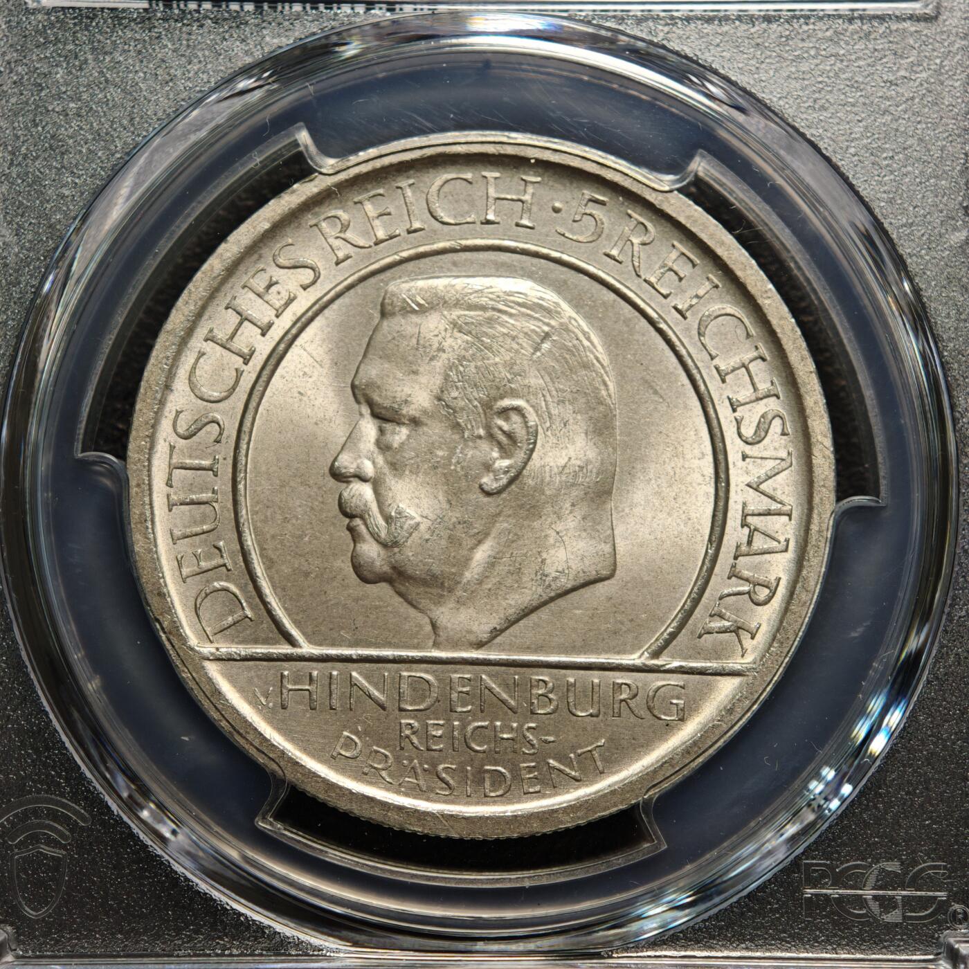 【德藏】世界币章拍卖第156期（拍品征集中~欢迎藏友联系） 1929年 德国魏玛宪法兴登堡3马克银币 PCGS MS65 原光犀利 转光十足