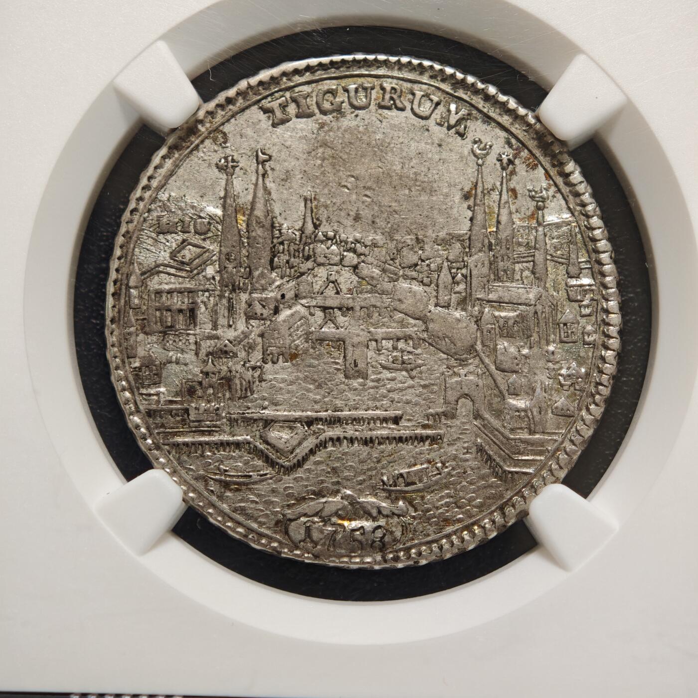 【德藏】世界币章拍卖第156期（拍品征集中~欢迎藏友联系） 1758年 瑞士苏黎世城市景观1/2老泰勒银币 NGC AU 原味包浆 好品相