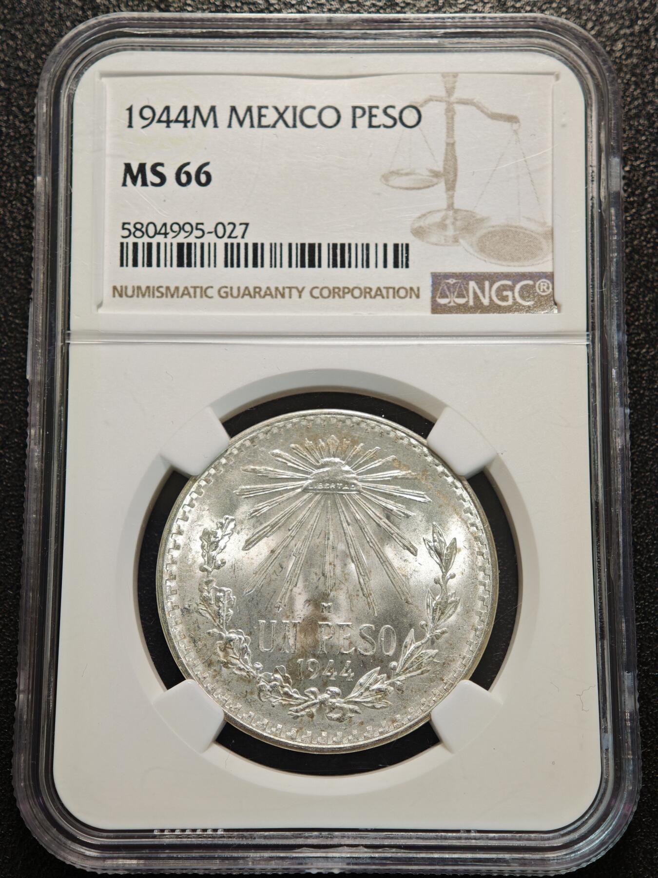 【德藏】世界币章拍卖第156期（拍品征集中~欢迎藏友联系） 1944年 墨西哥1比索银币 NGC MS66 原光犀利