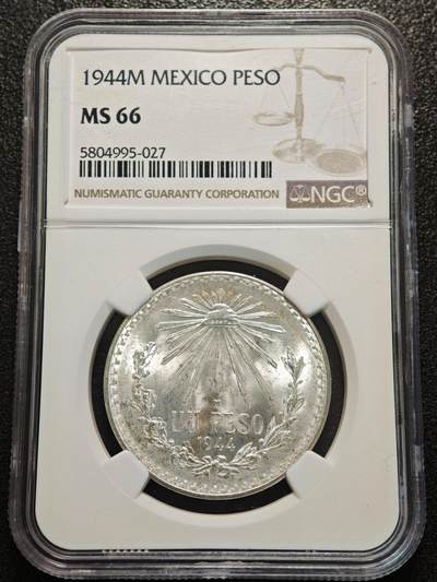 【德藏】世界币章拍卖第156期（拍品征集中~欢迎藏友联系） - 1944年 墨西哥1比索银币 NGC MS66 原光犀利