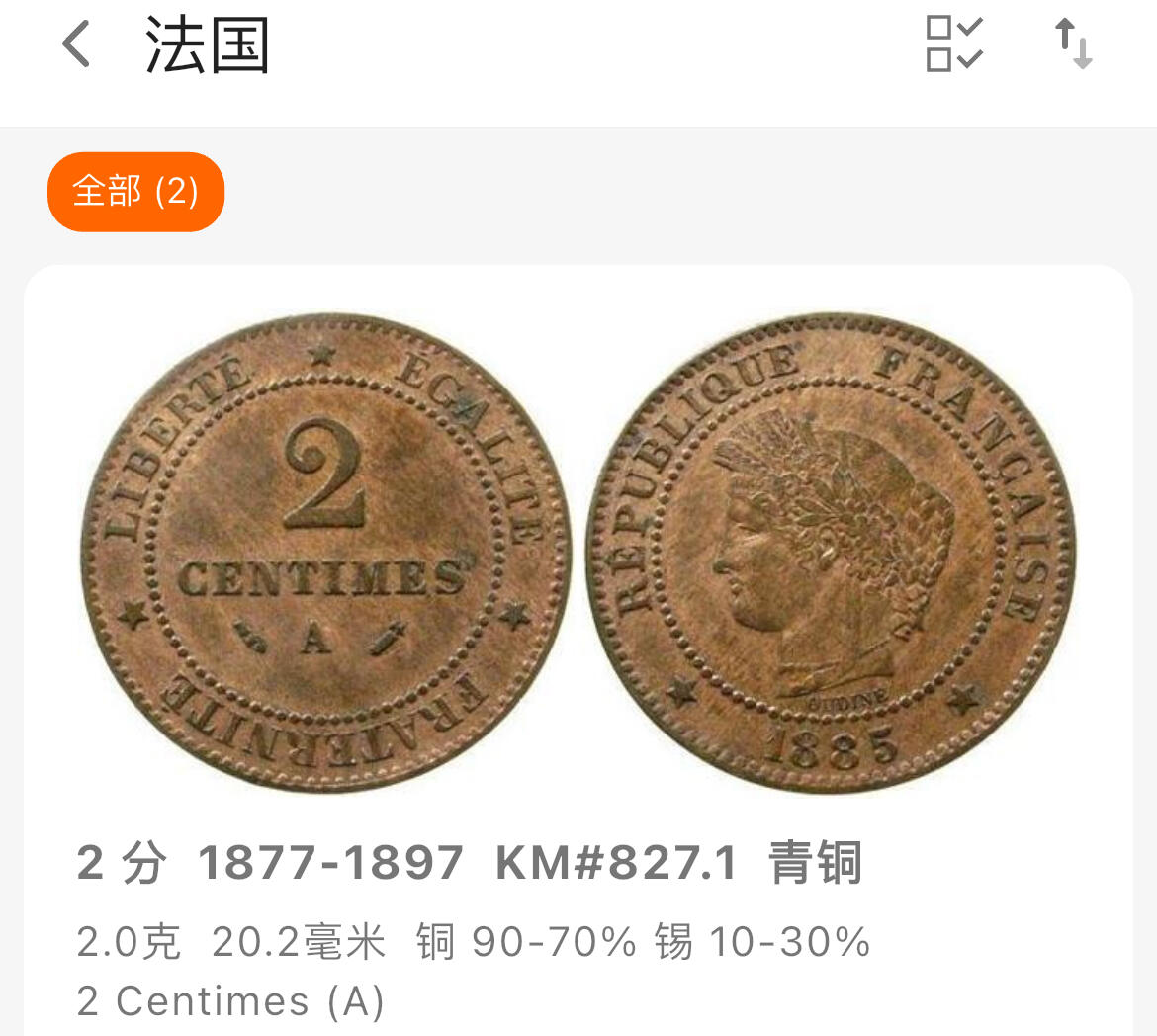 回流1208 极少 法国1896年2分青铜币 谷物女神 A厂（巴黎造币厂）