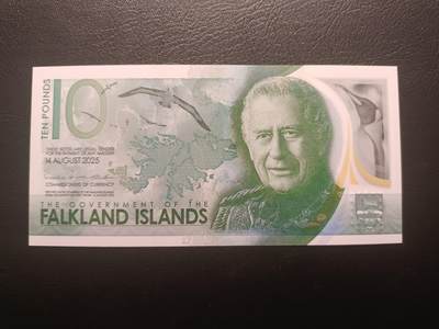 2025十二月第一期，总206期 - 【日】福克兰群岛2025年10镑UNC 查尔斯头像 A冠无347千位小号