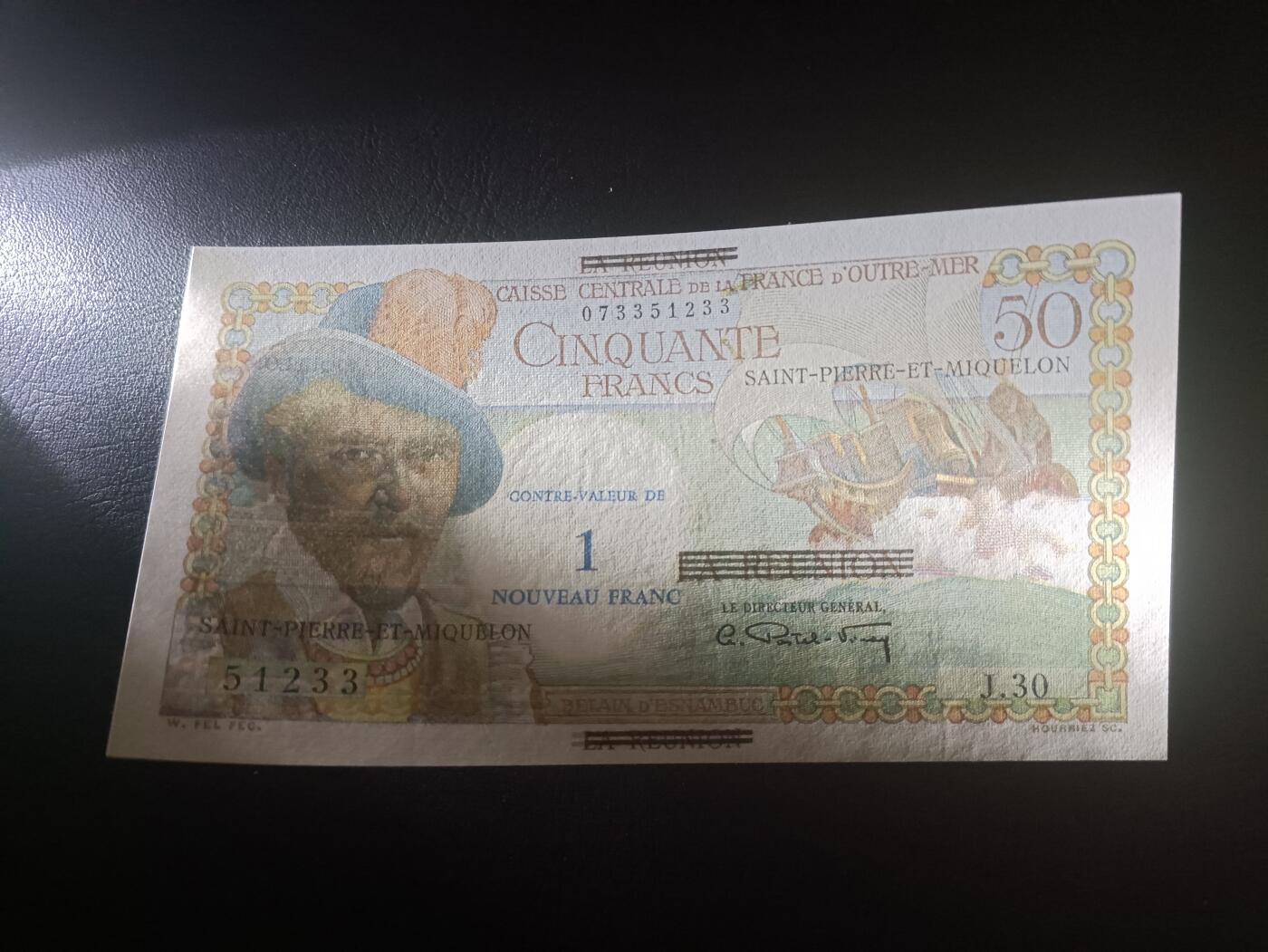 2025十二月第一期，总206期 法属皮埃尔和密克隆1960版1新法郎无47AUNC，在留尼汪钞票上加盖而成，航海家和原住民妇女
