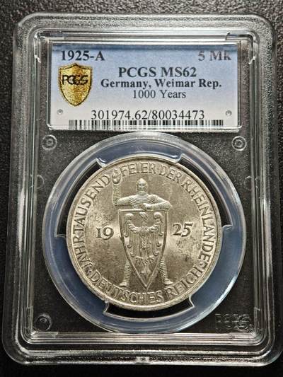 【德藏】世界币章拍卖第156期（拍品征集中~欢迎藏友联系） - 1925年 德国莱茵千年5马克大银币 PCGS MS62 原光十足 装极强