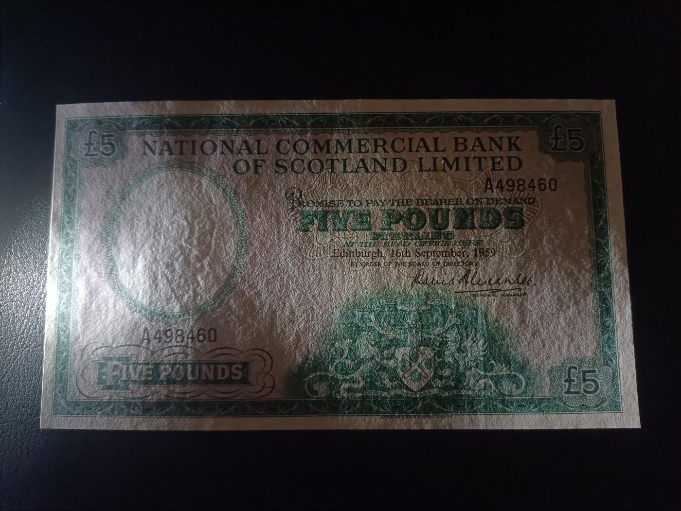 2025十二月第一期，总206期 苏格兰国家商业银行1959年5镑A冠AUNC，银行徽章和福斯铁桥，早期已停业银行少见中高面值