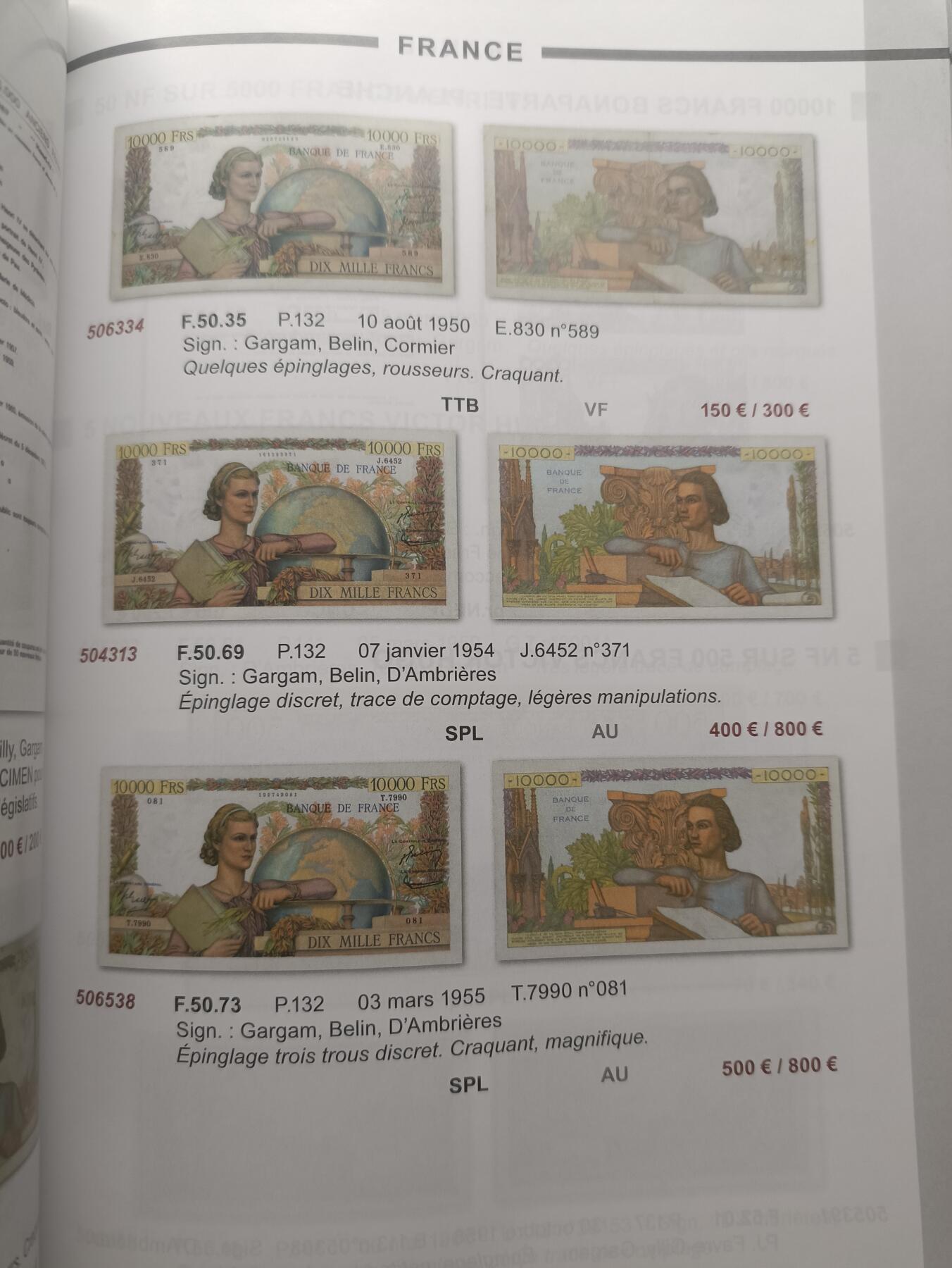2025十二月第一期，总206期 【日】法国CGB拍卖2024年四月纸币拍卖纸质目录，边角使用痕迹