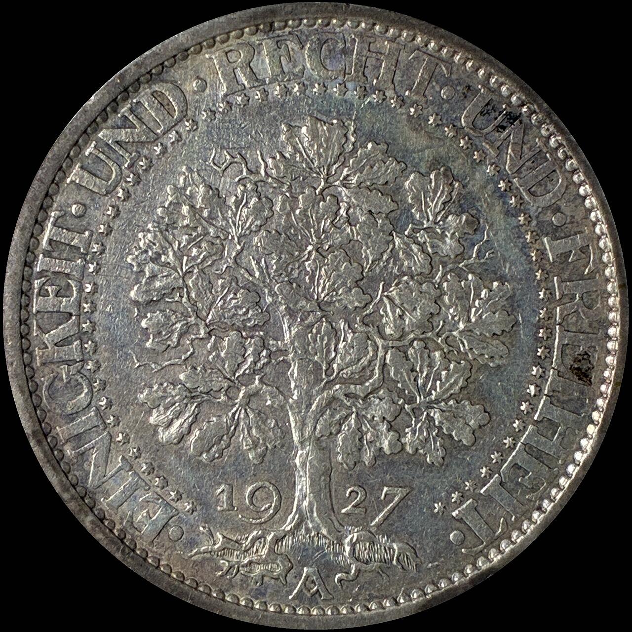 【雨安】【直播拍卖】【世界币章118期-裸币】2025-12-05 周五 19:30 保真 [裸币德国] Germany 德国 魏玛 5马克 KM#56 橡树 1927年