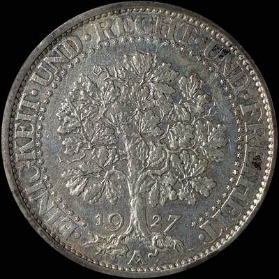 【雨安】【直播拍卖】【世界币章118期-裸币】2025-12-05 周五 19:30 保真 - [裸币德国] Germany 德国 魏玛 5马克 KM#56 橡树 1927年