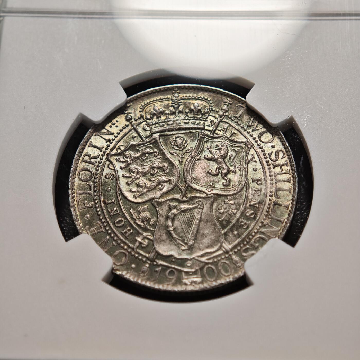 【德藏】世界币章拍卖第156期（拍品征集中~欢迎藏友联系） 1900年 英国维多利亚女王1弗洛林银币 NGC MS62 环彩淡包浆 原光十足 状态极佳