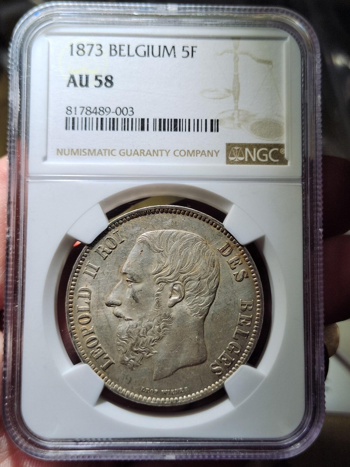 中外钱币第六场 NGC-AU58比利时1873年5法郎