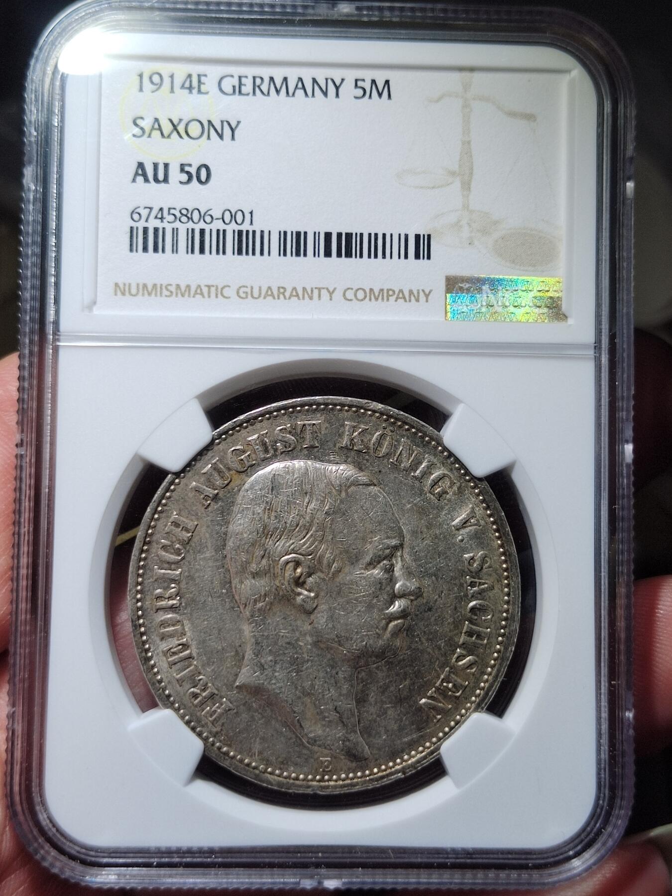 中外钱币第六场 NGC-AU50德国萨克森1914年5马克奥古斯特三世