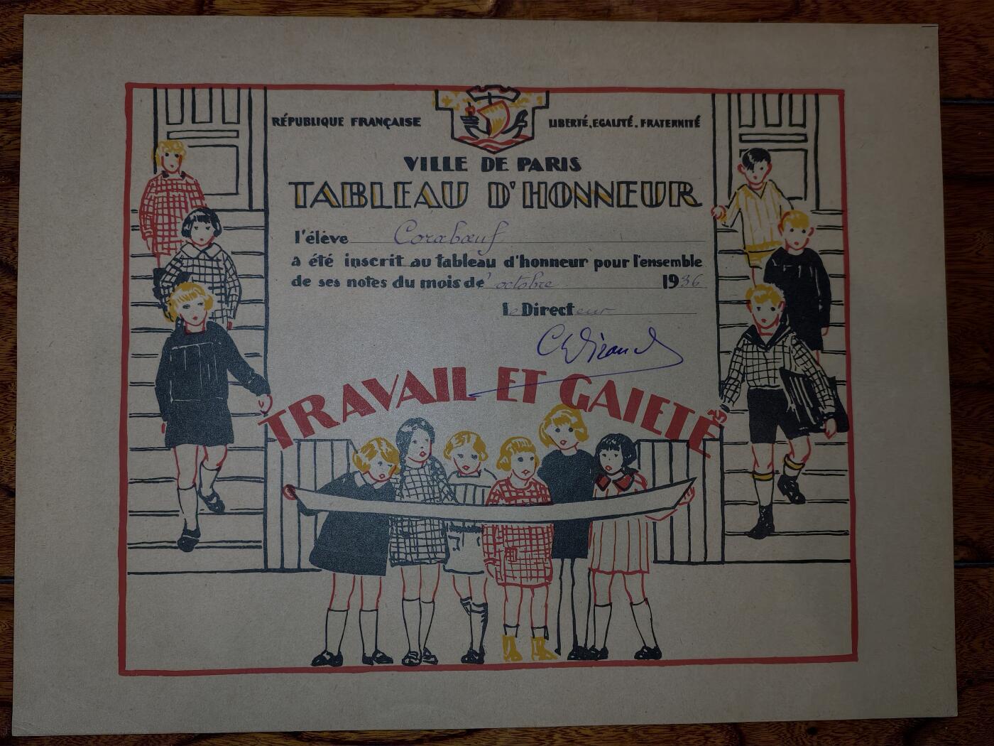 凯旋世界勋赏（第20期）（欢迎送拍）（对拍品有疑问请询问客服，不接受到手刀，出价默认拍品品相。请认真阅读拍卖规则！出价默认已认可！）（收到货请录制开箱视频，无视频概不处理问题。） 1956年巴黎市女子公立学校的月度荣誉榜证明