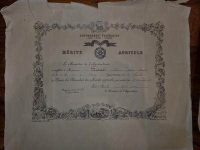 凯旋世界勋赏（第20期）（欢迎送拍）（对拍品有疑问请询问客服，不接受到手刀，出价默认拍品品相。请认真阅读拍卖规则！出价默认已认可！）（收到货请录制开箱视频，无视频概不处理问题。） - （和俩农业一人套）法国农业功绩勋章的授勋证书