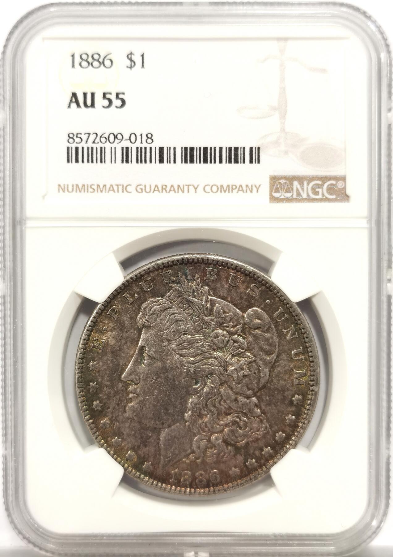 博洋堂世界钱币拍卖第150期（全场包邮） NGC AU55 美国1886年摩根女神大银元，感觉因包浆浓郁压分低评！双面性感五彩包浆，带车轮转光，字口全深打，摩根女神发丝根根缕缕分明清晰，白头海雕胸毛细节总体不错，翅膀细节犀利割手，品相状态非常不错！