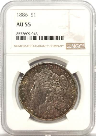 博洋堂世界钱币拍卖第150期（全场包邮） - NGC AU55 美国1886年摩根女神大银元，感觉因包浆浓郁压分低评！双面性感五彩包浆，带车轮转光，字口全深打，摩根女神发丝根根缕缕分明清晰，白头海雕胸毛细节总体不错，翅膀细节犀利割手，品相状态非常不错！