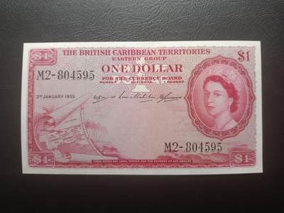 2025十二月第一期，总206期 - 英属加勒比领地（现东加勒比共同体）1955年1元AUNC，大皇冠女王和各构成殖民地徽章