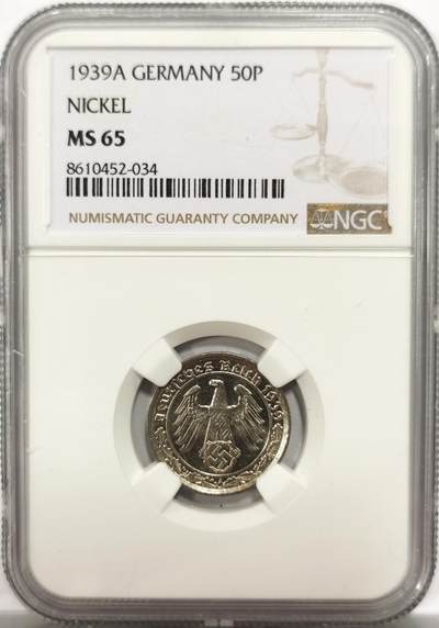 博洋堂世界钱币拍卖第150期（全场包邮） - NGC MS65 德国1939年A版50芬尼坦克币，顶级高分，镜面GEM状态，名誉品种，麦稀奇此前只拍过两枚65分的，难得一遇