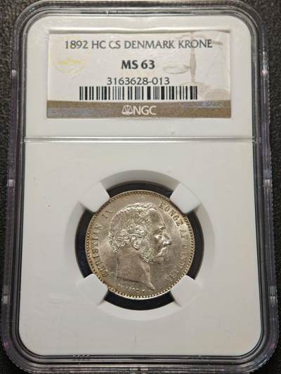 【德藏】世界币章拍卖第156期（拍品征集中~欢迎藏友联系） - 1892年 丹麦克里斯蒂安九世1克朗银币 NGC MS63 淡黄油包浆 转光十足