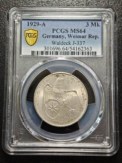 【德藏】世界币章拍卖第156期（拍品征集中~欢迎藏友联系） - 1929年 德国魏玛瓦尔德克3马克银币 PCGS MS64 少见品种 状态极佳