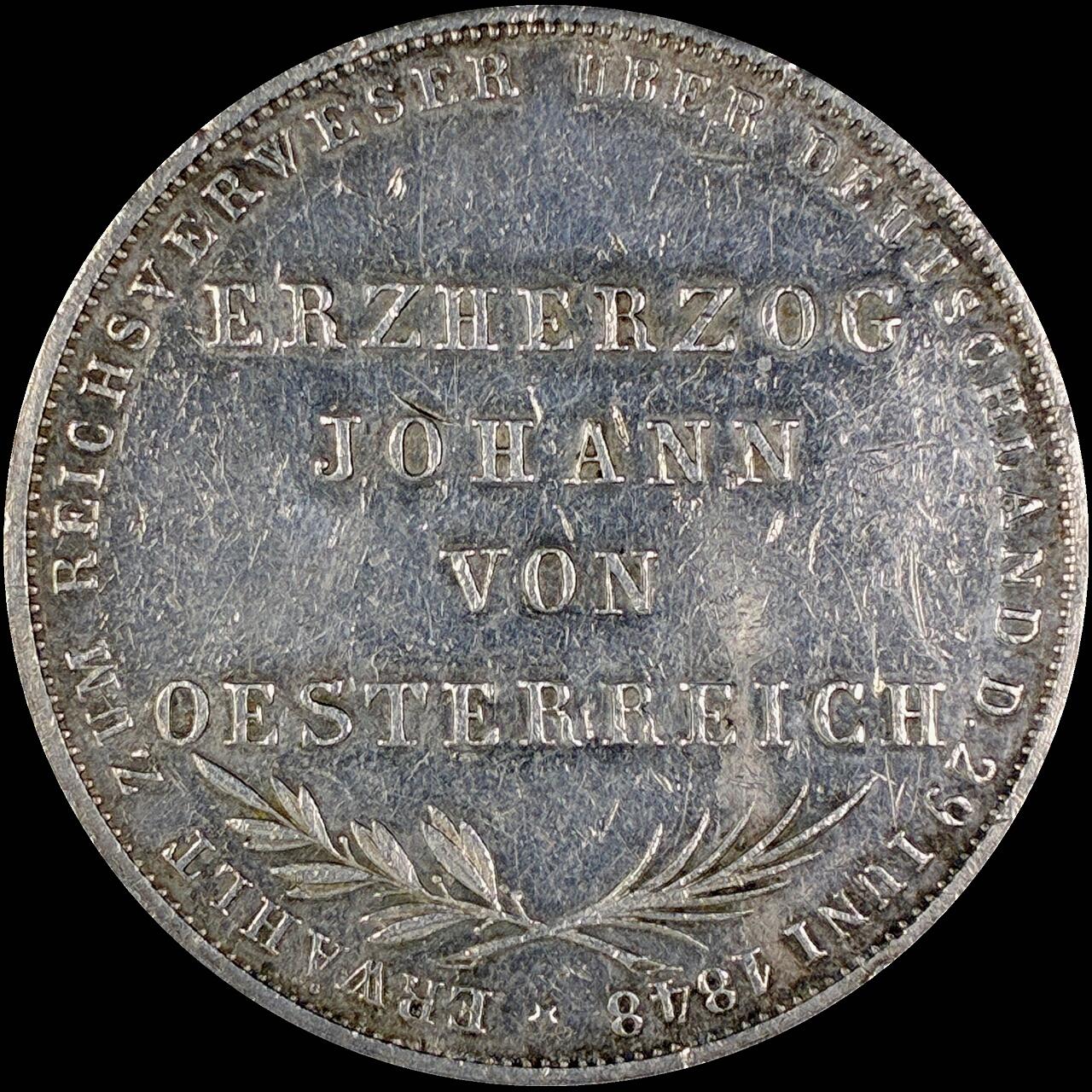 【雨安】【直播拍卖】【世界币章118期-裸币】2025-12-05 周五 19:30 保真 [裸币德国] Germany 德国 德意志 2盾 Frankfurt法兰克福 Thun.135 KM#0338 (1848) 奥地利大公 1848年