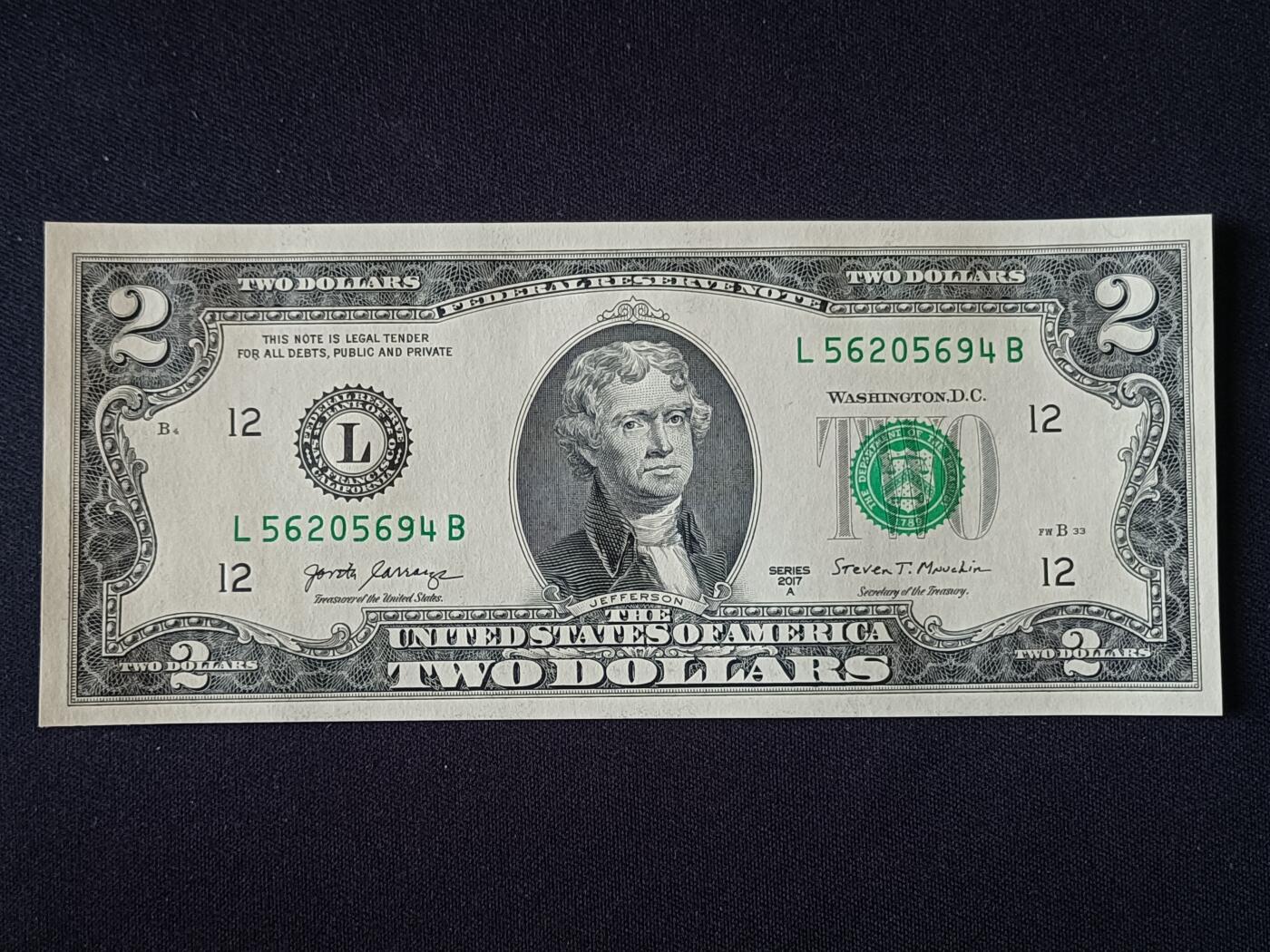 【游宝拍卖】乙巳蛇年92期 第四季首拍场  美国-2美元【SERIES-2017A 全新UNC】