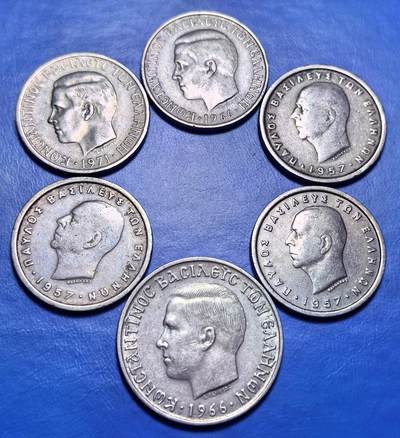 外国优质老铜币银币，周六九点倒数截拍，满百包邮，可寄存半年，喜欢朋友微信扫描二维码可直接参拍 - 希腊1957年-1971年2德拉克马5德拉克马6枚