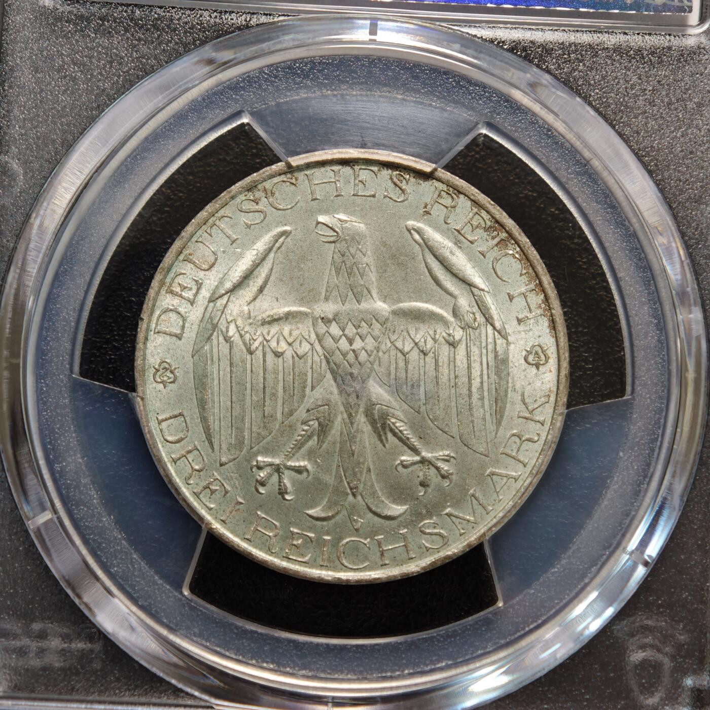 【德藏】世界币章拍卖第156期（拍品征集中~欢迎藏友联系） 1929年 德国魏玛瓦尔德克3马克银币 PCGS MS64 少见品种 状态极佳