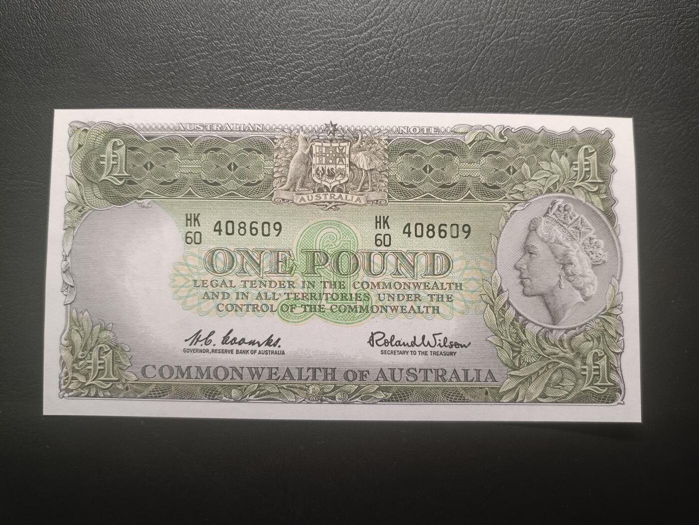 2025十二月第一期，总206期 澳大利亚1953版1镑UNC-，女王侧像和三大发现大洋洲探险家浮雕