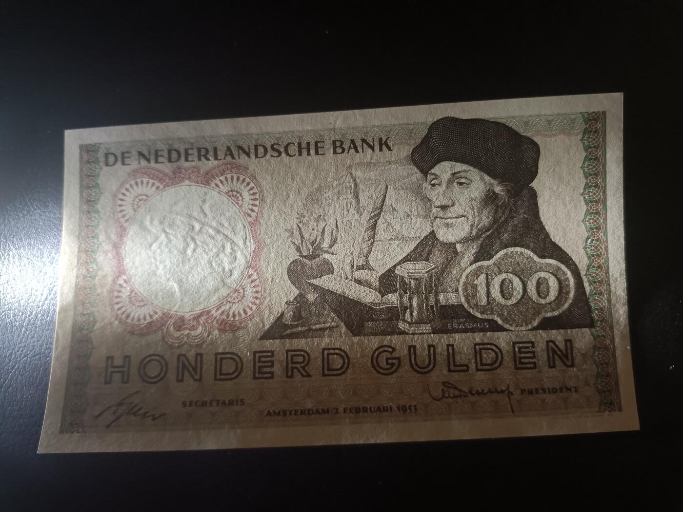 2025十二月第一期，总206期 荷兰1953版100盾AUNC，哲学家伊拉斯谟