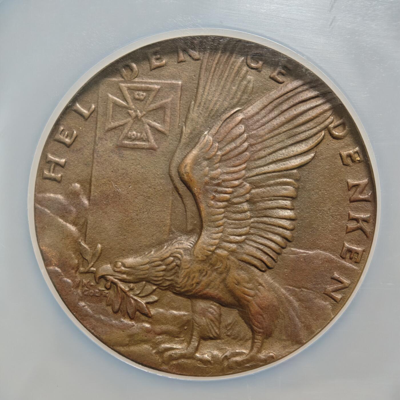 【德藏】世界币章拍卖第156期（拍品征集中~欢迎藏友联系） 罕见品种！1914年 德国一战战争英雄57mm纪念大铜章 章牌大师卡尔·歌茨作品 NGC MS62BN 亚军分 仅1枚更高 状态极佳