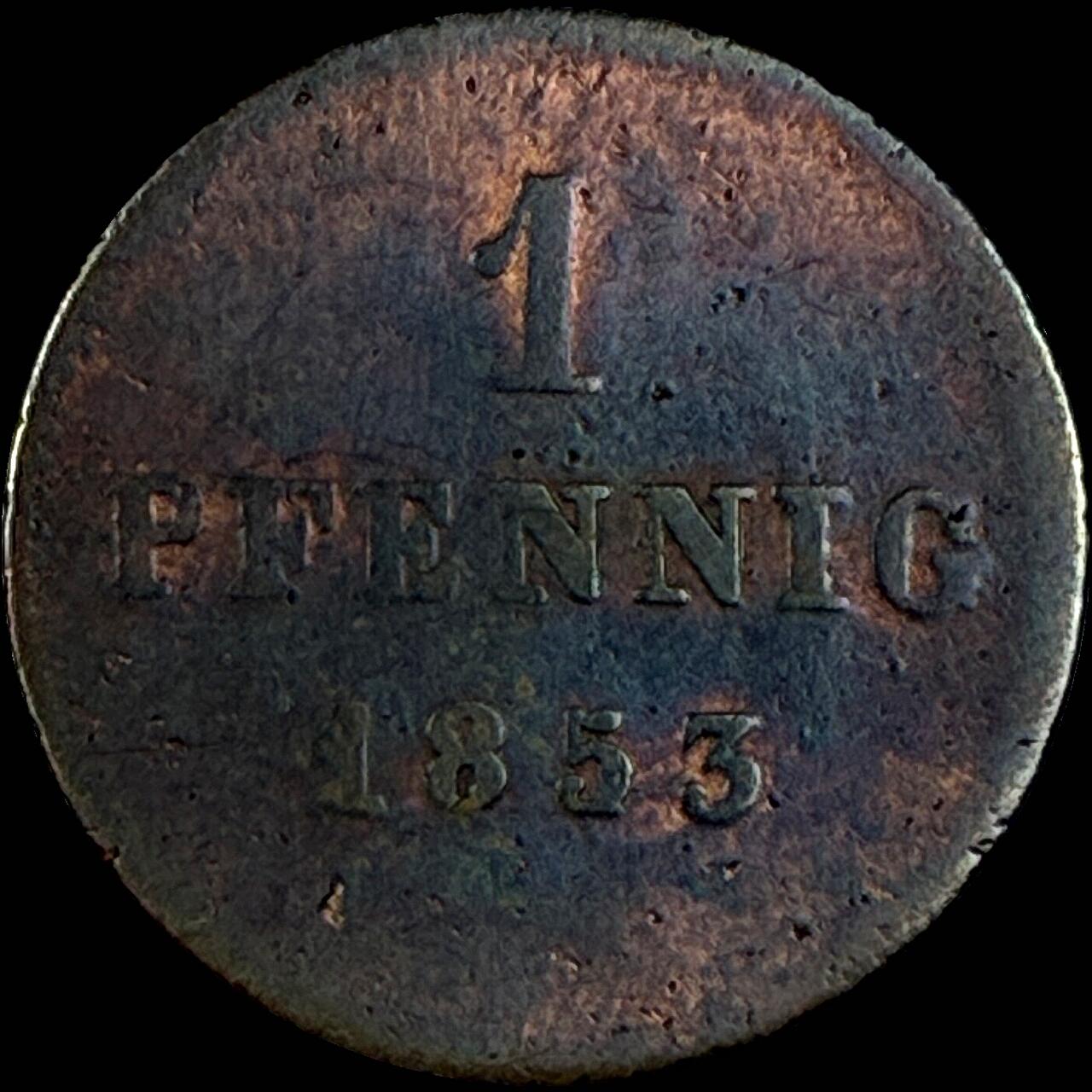 【雨安】【直播拍卖】【世界币章118期-裸币】2025-12-05 周五 19:30 保真 [裸币德国] Germany 德国 德意志 巴伐利亚 1芬尼 1853年