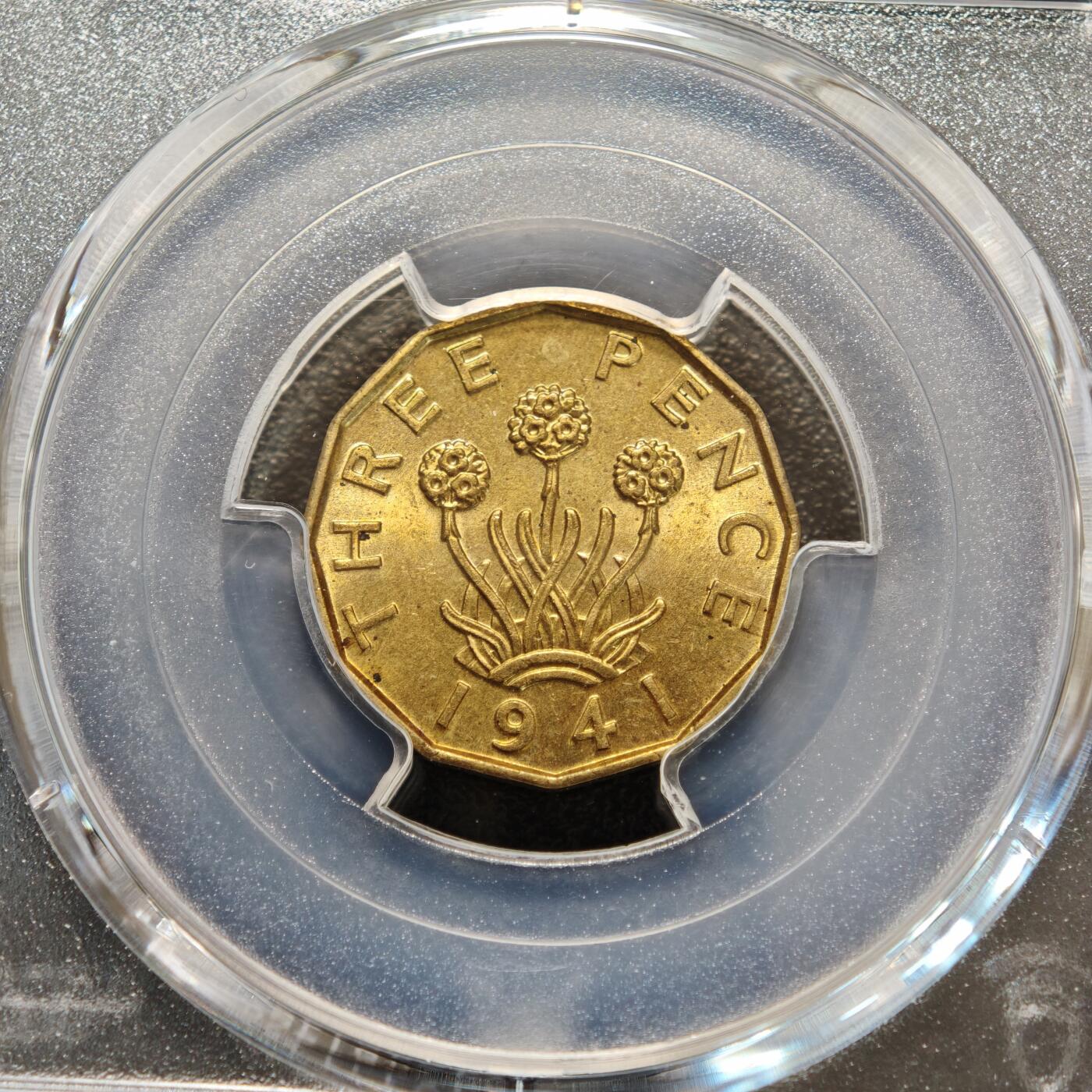 【德藏】世界币章拍卖第156期（拍品征集中~欢迎藏友联系） 1941年 英国乔治六世3便士铜币 PCGS MS63 原光极强