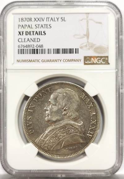 博洋堂世界钱币拍卖第150期（全场包邮） - NGC XF 意大利教皇国1870年5里拉大银币
