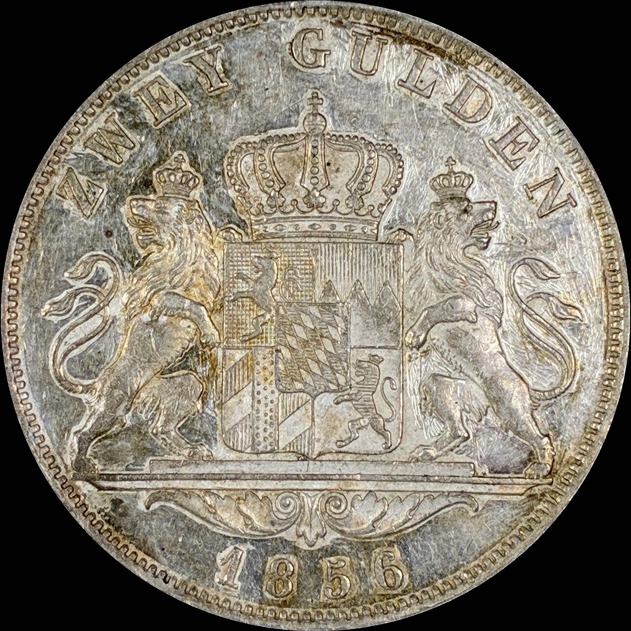 【雨安】【直播拍卖】【世界币章118期-裸币】2025-12-05 周五 19:30 保真 [裸币德国] Germany 德国 德意志 2盾 Bavaria巴伐利亚 Thun.090 KM#0828 (1848-1856) 马克西米利安二世.双狮 1856年 边有伤