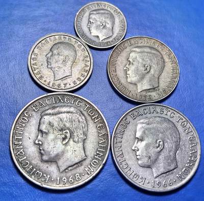 外国优质老铜币银币，周六九点倒数截拍，满百包邮，可寄存半年，喜欢朋友微信扫描二维码可直接参拍 - 希腊1957年-1970年不同面值5枚一套含10德拉克马大币