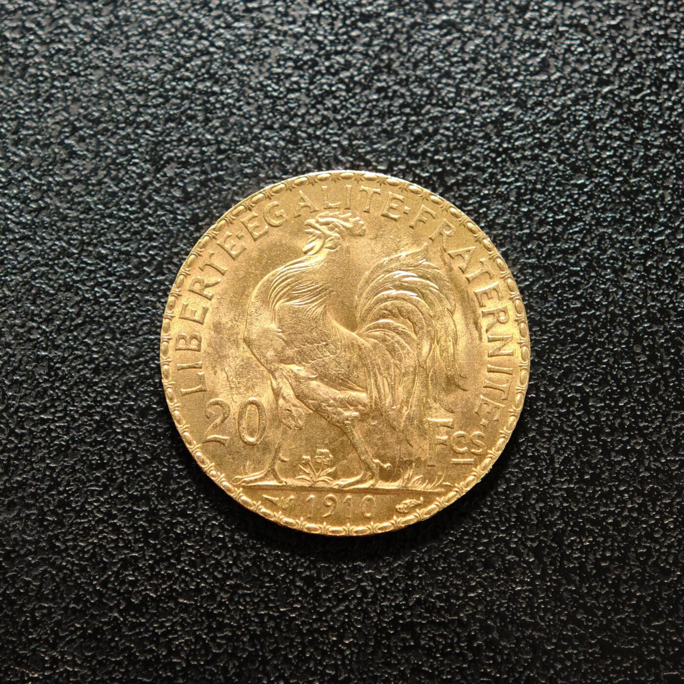 【德藏】世界币章拍卖第156期（拍品征集中~欢迎藏友联系） 1910年 法国第三共和国20法郎金币 900金 原光十足 直径约：21mm；重约：6.4g