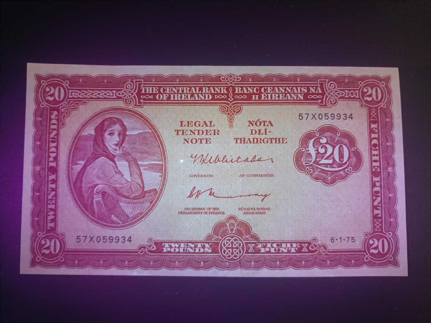 2025十二月第一期，总206期 爱尔兰1975年20镑AUNC，爱尔兰人格化象征“拉维利夫人”，稀有的中高面值