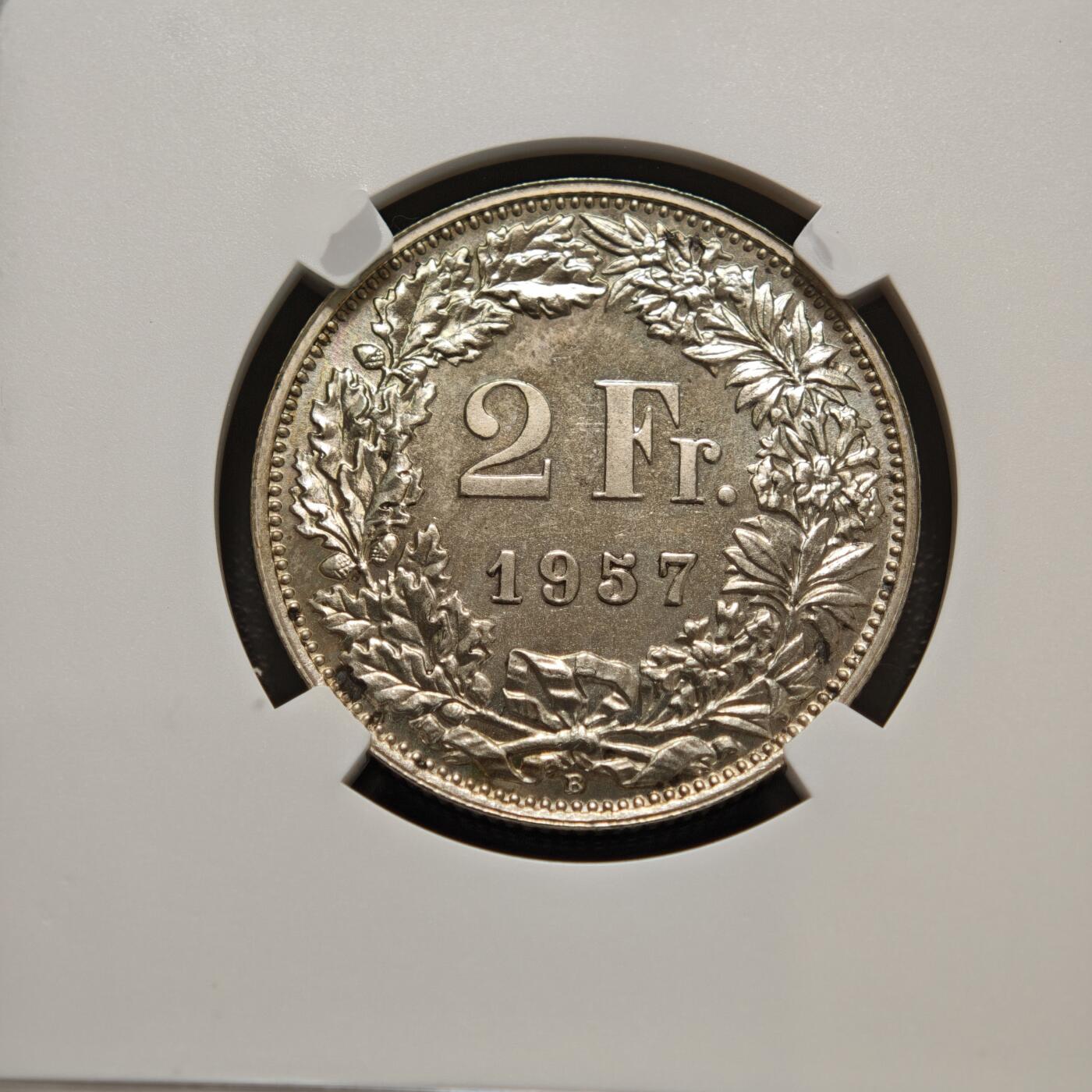 【德藏】世界币章拍卖第156期（拍品征集中~欢迎藏友联系） 1957年 瑞士2法郎银币 NGC MS66 季军分 原光极强 转光十足