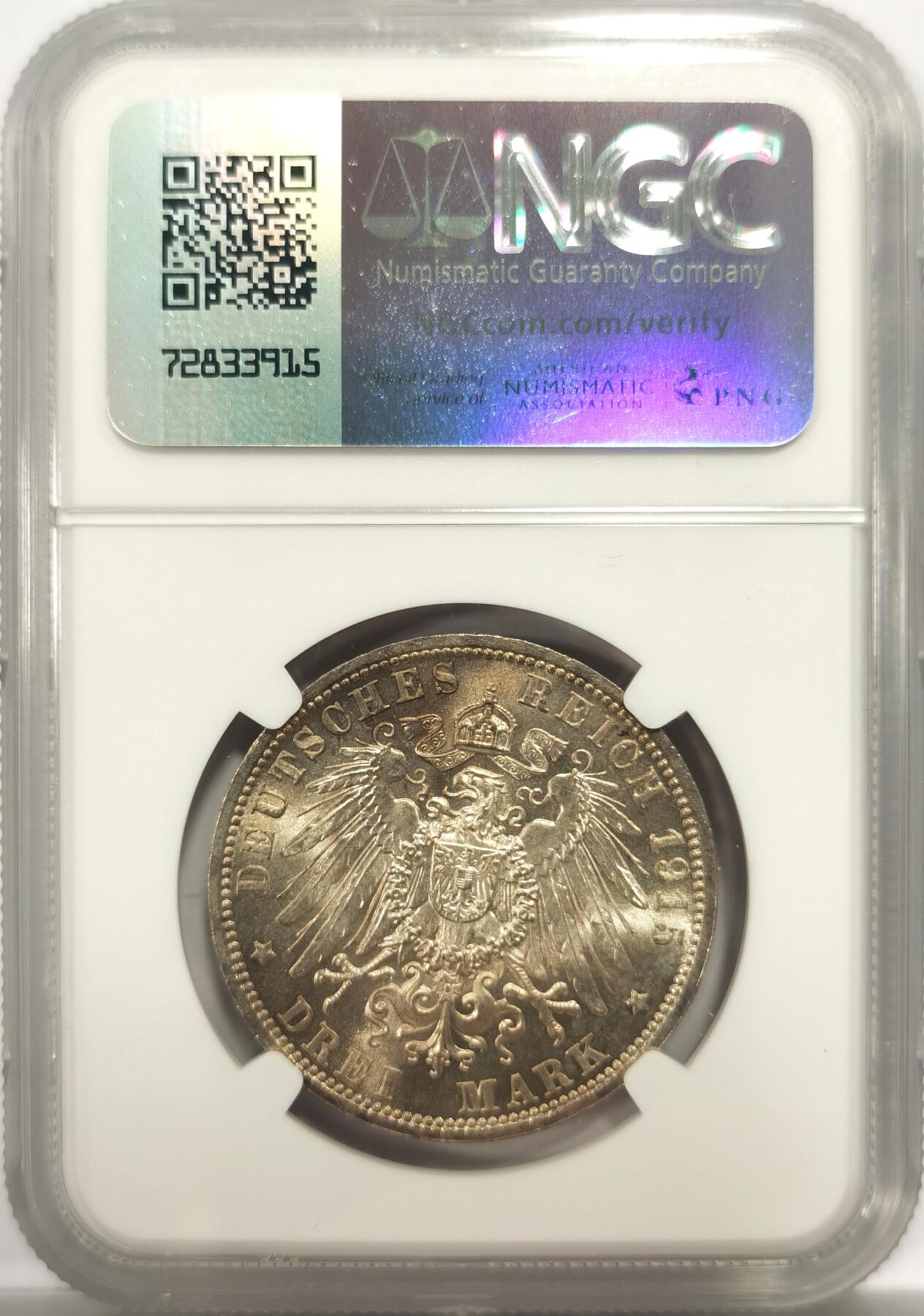 博洋堂世界钱币拍卖第150期（全场包邮） NGC MS65 德国布伦瑞克-沃尔芬布赫尔1915年结婚3马克银币，顶级品相，非常少的品种，Top！