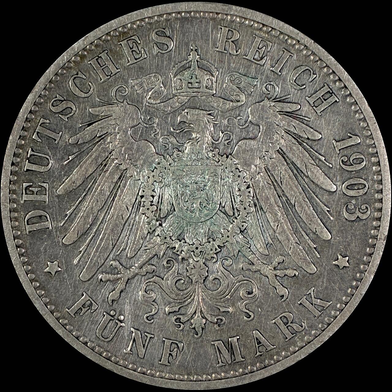 【雨安】【直播拍卖】【世界币章118期-裸币】2025-12-05 周五 19:30 保真 [裸币德国] Germany 德国 帝国 巴登 5马克 弗里德里希一世 右侧 1903年